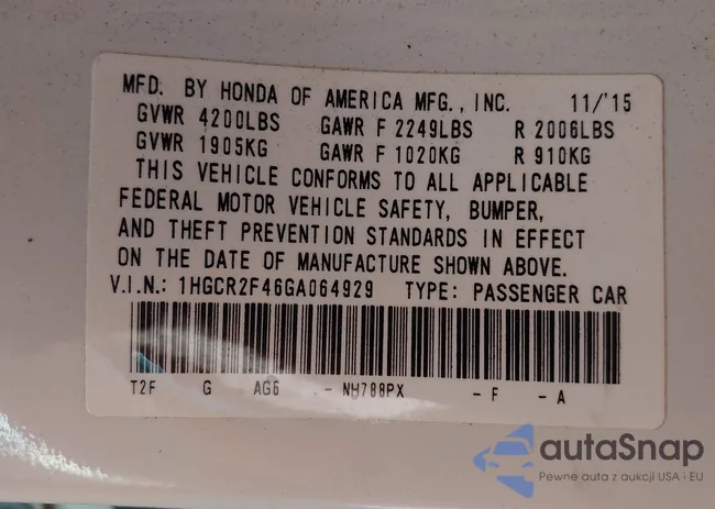 1HGCR2F46GA064929: 42141219