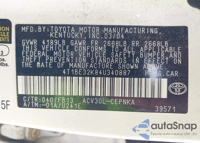 4T1BE32K84U340887: 42143000