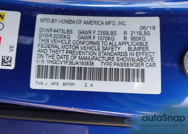 1HGCV1F36JA193838: 42144803