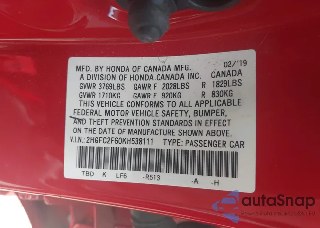 2HGFC2F60KH538111: 42146086