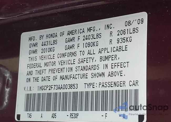 1HGCP2F73AA003853: 42145267