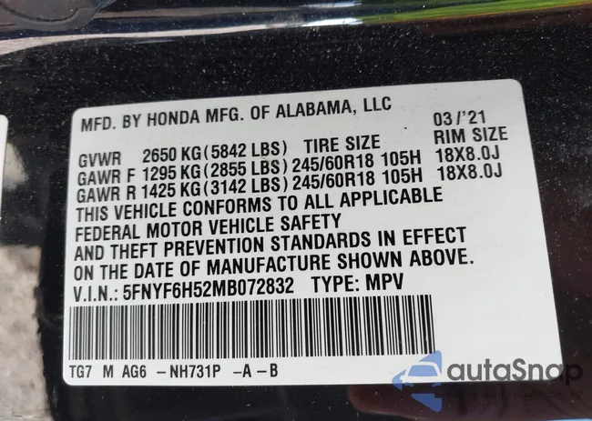 5FNYF6H52MB072832: 42152207