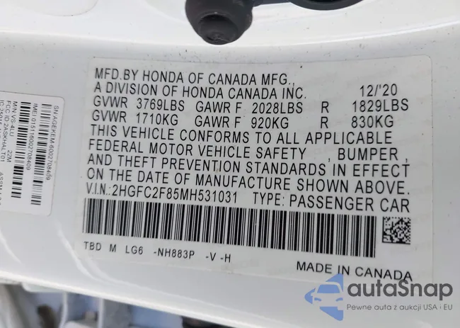 2HGFC2F85MH531031: 42152318