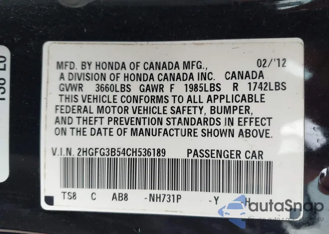 2HGFG3B54CH536189: 42155911