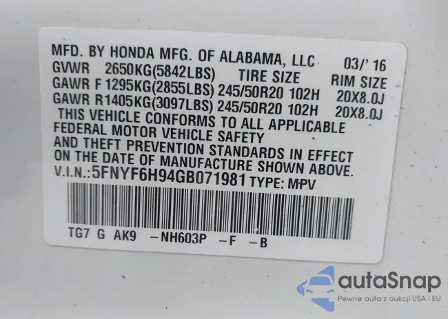 5FNYF6H94GB071981: 42157906
