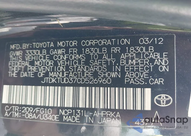 JTDKTUD37CD526960: 42158697