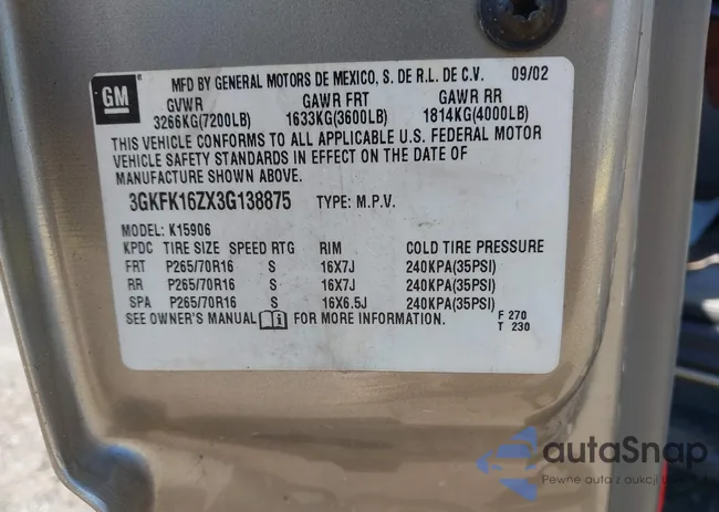 3GKFK16ZX3G138875: 42158370