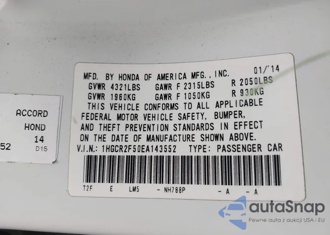 1HGCR2F50EA143552: 42160245