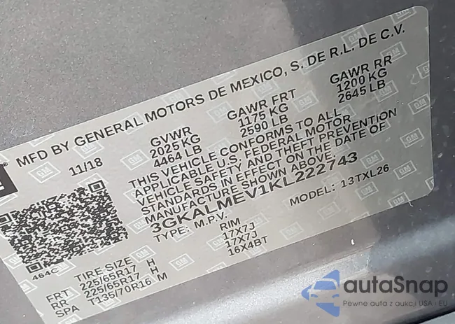 3GKALMEV1KL222743: 42161700