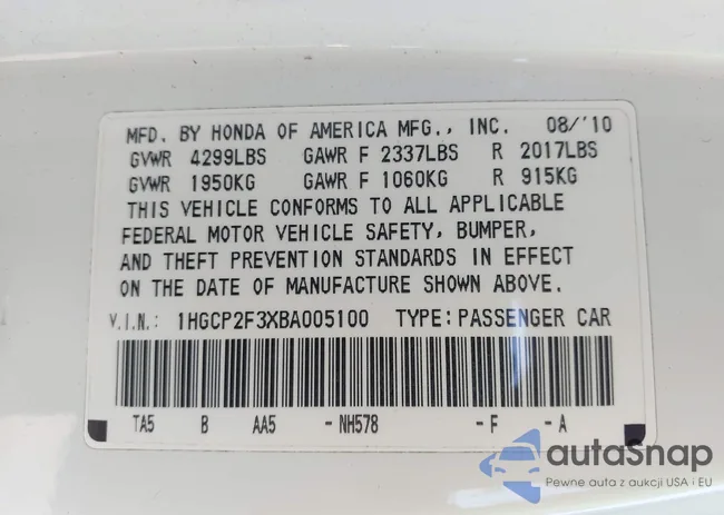 1HGCP2F3XBA005100: 42165967