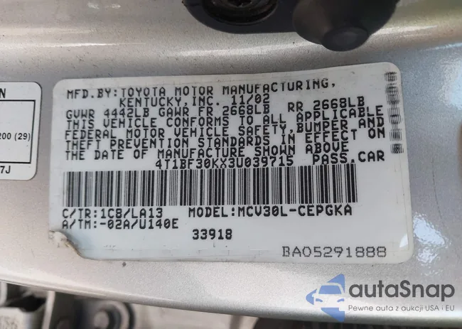 4T1BF30KX3U039715: 42166195