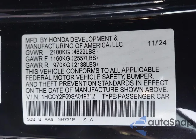 1HGCY2F59SA019312: 42167076