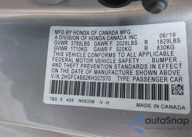 2HGFC4B82KH307570: 42170580