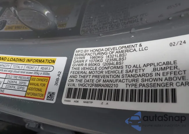 1HGCY2F88RA092210: 42175992