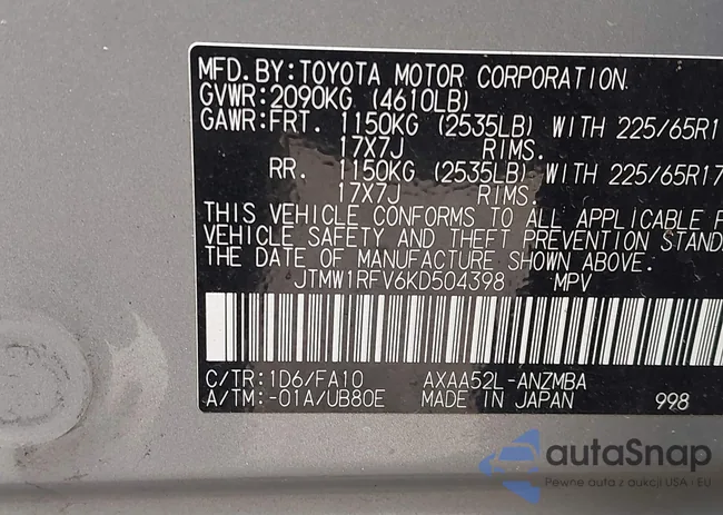 JTMW1RFV6KD504398: 42177720