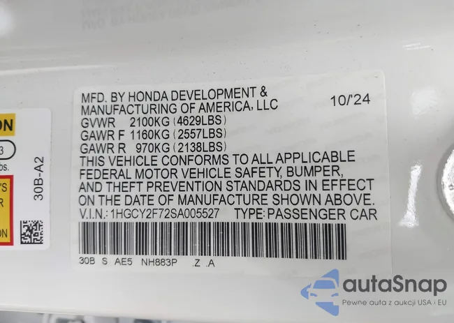 1HGCY2F72SA005527: 42178647