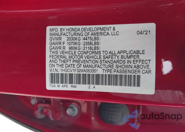 1HGCV1F32MA063351: 42178240