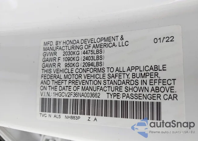 1HGCV2F36NA003662: 42181053