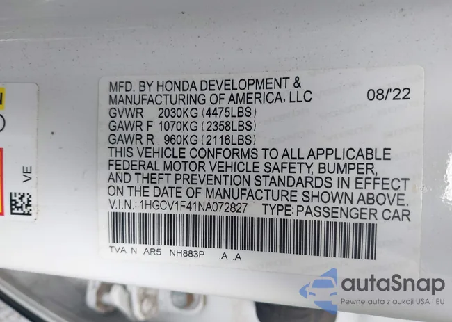 1HGCV1F41NA072827: 42180356