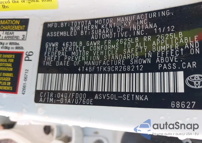 4T4BF1FK9CR268212: 42181711