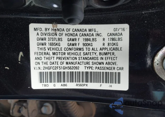 2HGFC2F51GH562092: 42183433