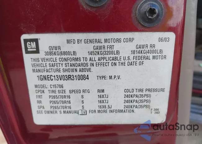 1GNEC13V03R310084: 42187078