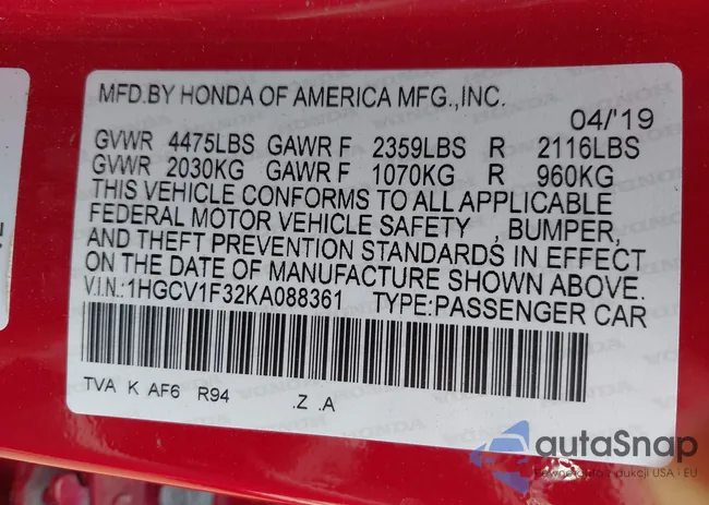 1HGCV1F32KA088361: 42188168