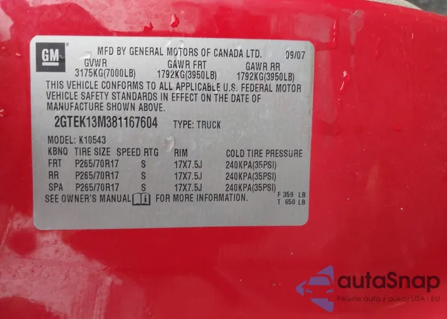 2GTEK13M381167604: 42189484