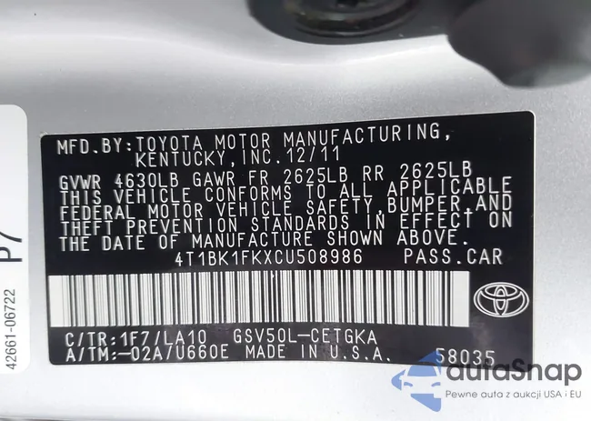 4T1BK1FKXCU508986: 42189109