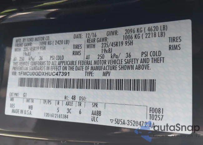 1FMCU0GDXHUC47391: 42189389