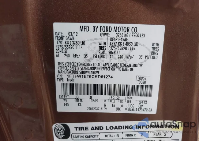 1FTFW1ET6CKD61274: 42193815