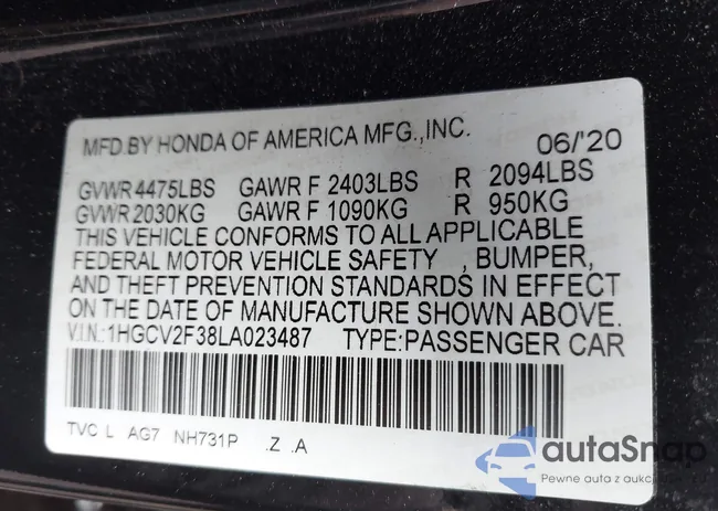 1HGCV2F38LA023487: 42194836