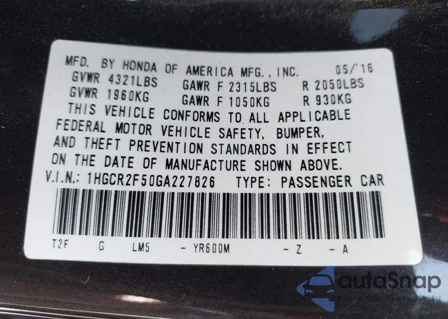 1HGCR2F50GA227826: 42195838