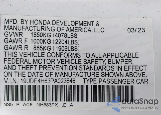 19UDE4H63PA023846: 42195077