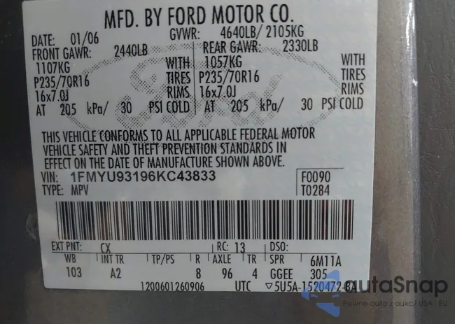 1FMYU93196KC43833: 42196428