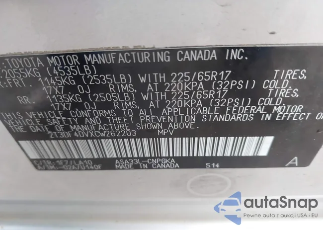 2T3DF4DVXCW262203: 42196303