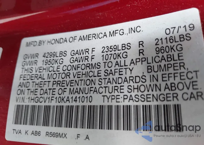 1HGCV1F10KA141010: 42199947