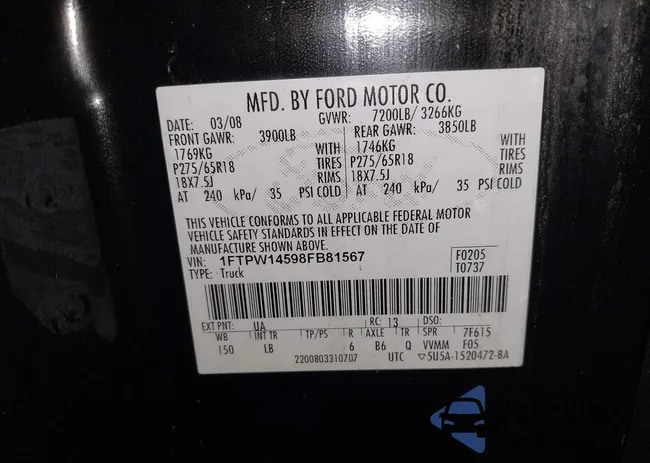 1FTPW14598FB81567: 42200009