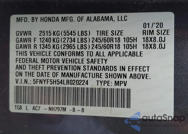 5FNYF5H54LB020224: 42199136