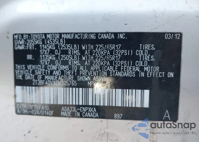 2T3BF4DVXCW205765: 42201636