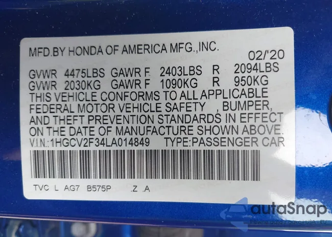 1HGCV2F34LA014849: 42202633