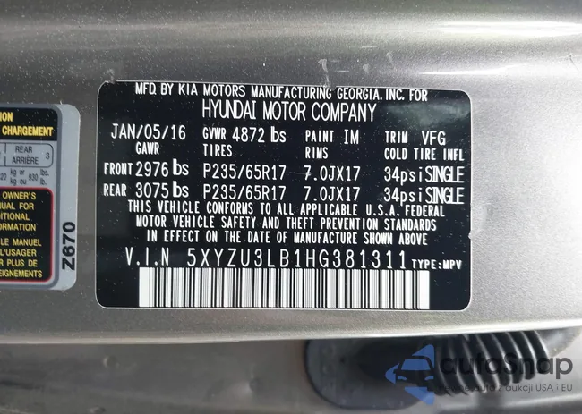 5XYZU3LB1HG381311: 42203597