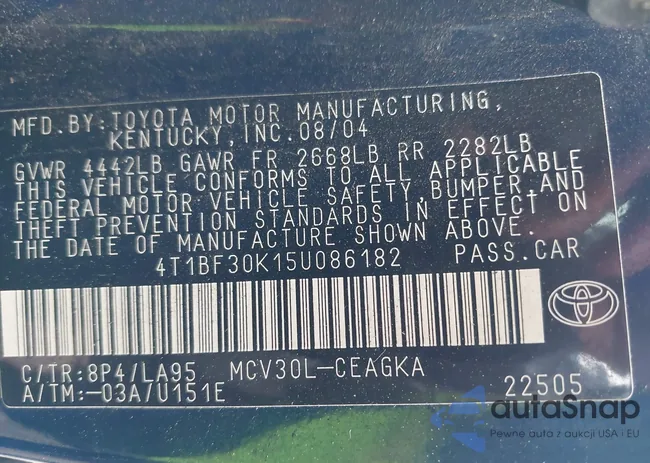 4T1BF30K15U086182: 42204900