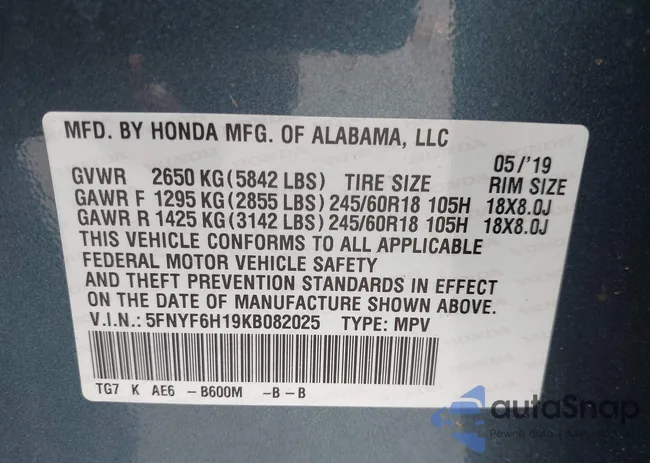 5FNYF6H19KB082025: 42206218