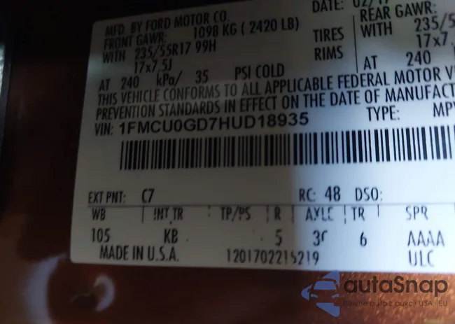 1FMCU0GD7HUD18935: 42211100