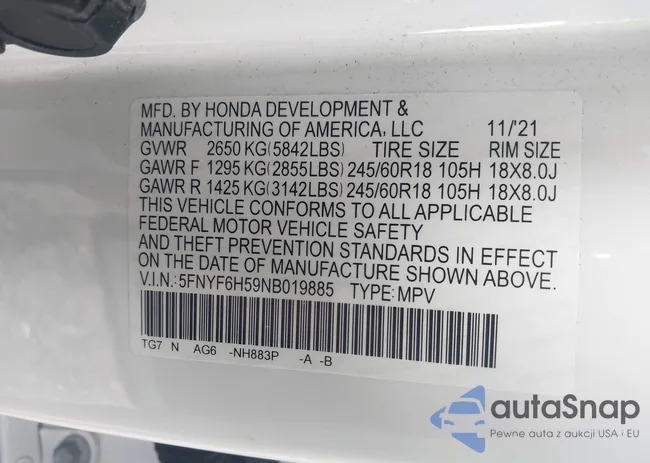 5FNYF6H59NB019885: 42212073