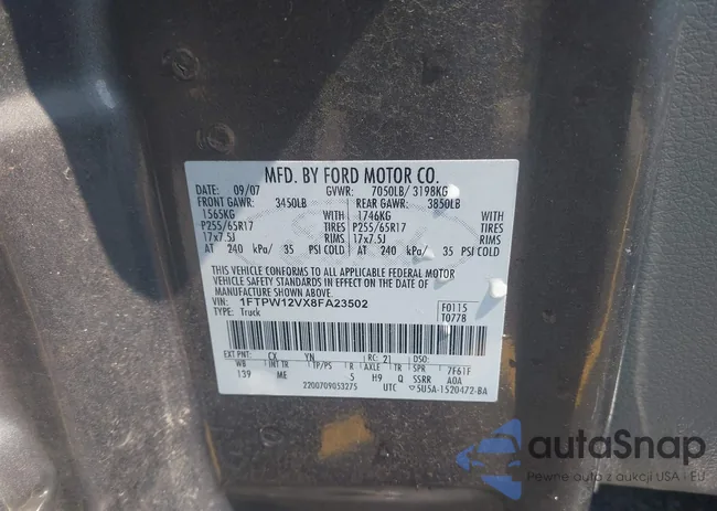 1FTPW12VX8FA23502: 42213677