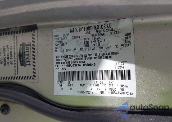 1FMEU63E87UB50845: 42213740