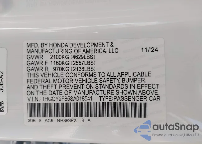 1HGCY2F85SA018541: 42215500