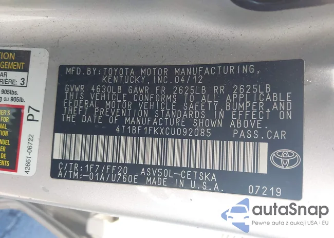 4T1BF1FKXCU092085: 42218178